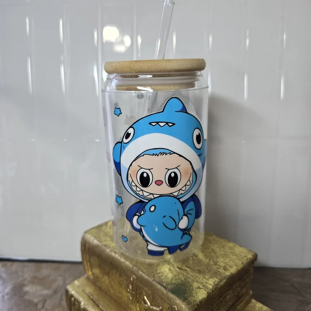 Labubu Cute Shark Glass Tumbler with Straw 16oz